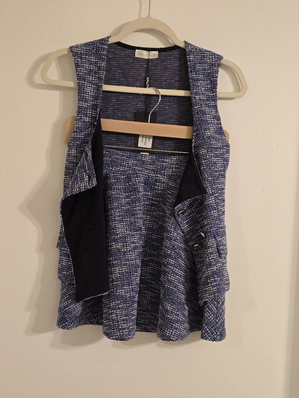 Blue Tweed Open Front Vest with Navy Trim Size S